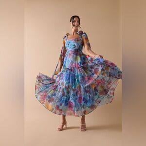 Alahna Tie Strap Blue Floral Maxi Dress